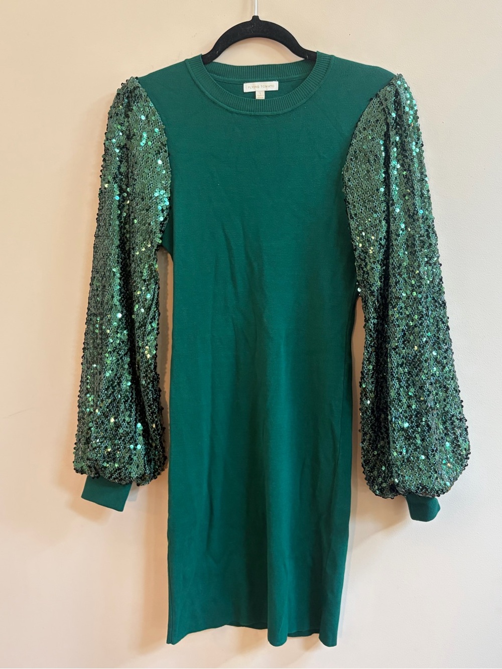 Flying Tomato Green Sequins Balloon Bishop Sleeve Fitted Bodycon Cocktail Dress